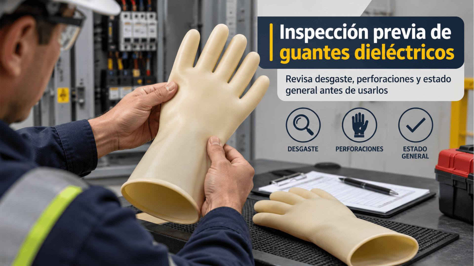 Inspección visual de guantes dieléctricos para detectar desgaste y perforaciones.